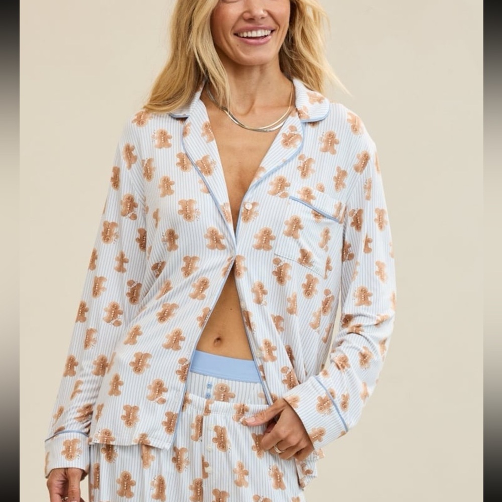 Aerie Real Soft Pajama Shirt Monaco Blue Gingerbread Pattern